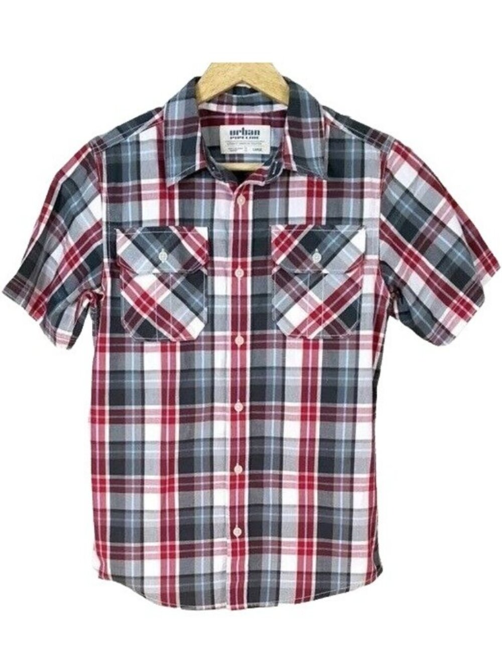 Urban Pipeline Boys Plaid Button Up Shirt Red Gray Large Short Sleeve Pockets